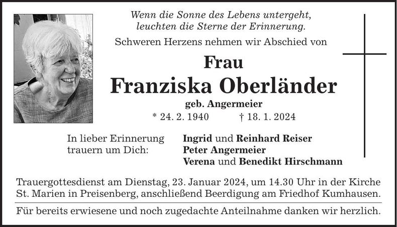 Traueranzeige Franziska Oberländer