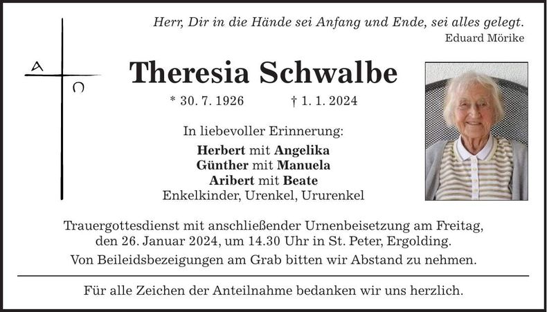 Traueranzeige Theresia Schwalbe