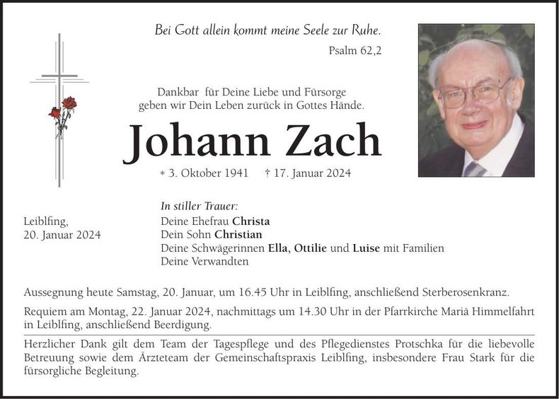 Traueranzeige Johann Zach