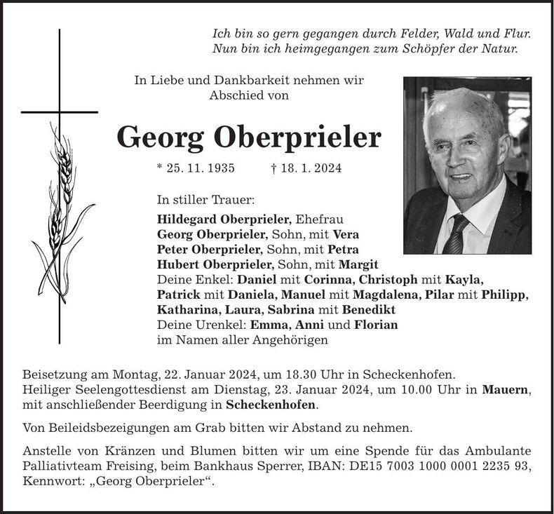 Traueranzeige Georg Oberprieler