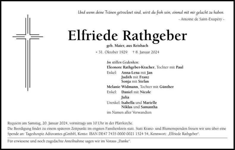 Traueranzeige Elfriede Rathgeber