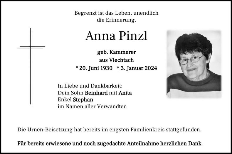 Traueranzeige Anna Pinzl