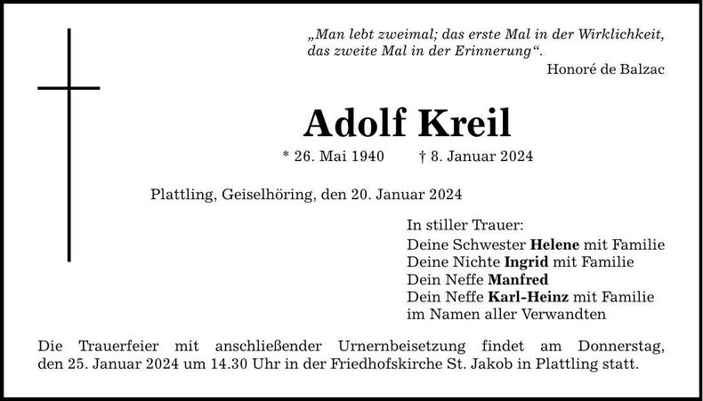 Traueranzeige Adolf Kreil