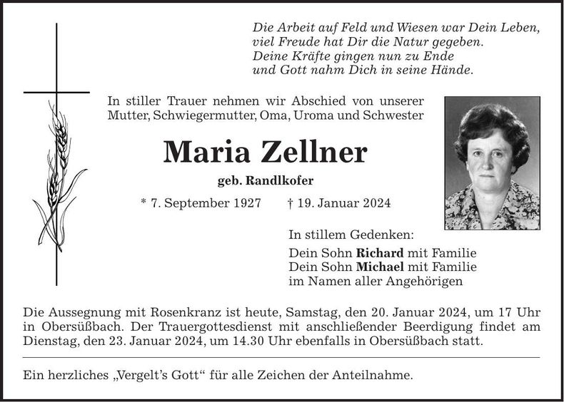 Traueranzeige Maria Zellner