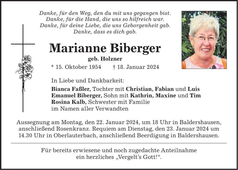 Traueranzeige Marianne Biberger