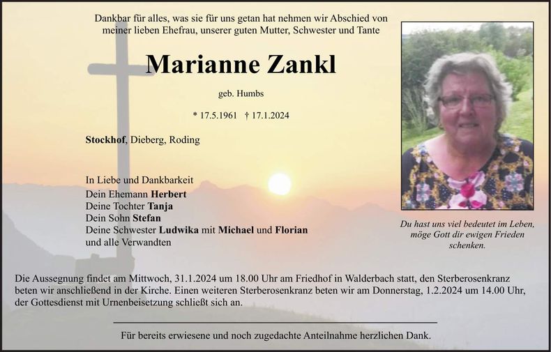 Traueranzeige Marianne Zankl