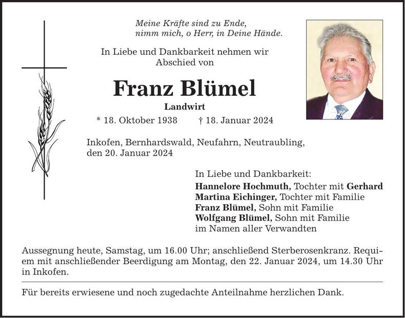 Traueranzeige Franz Blümel