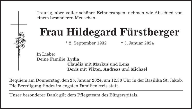 Traueranzeige Hildegard Fürstenberger