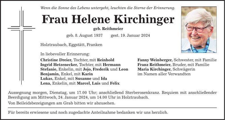 Traueranzeige Helene Kirchinger
