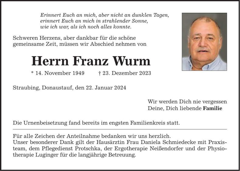 Traueranzeige Franz Wurm