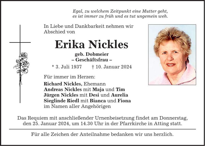 Traueranzeige Erika Nickles