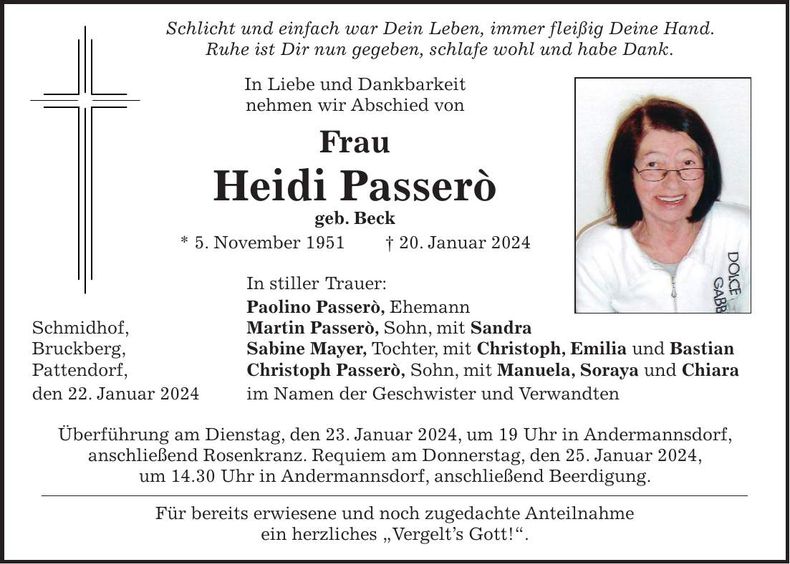 Traueranzeige Maria Passero