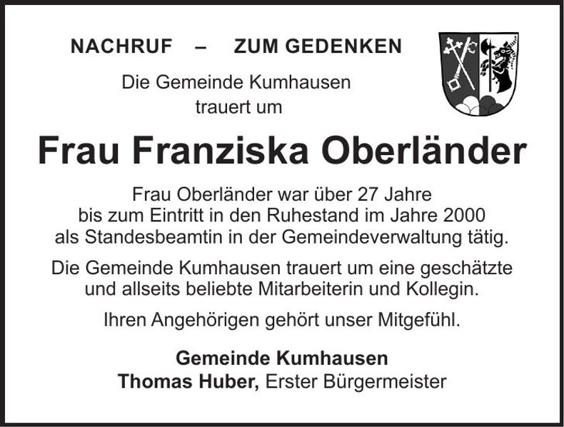 Traueranzeige Franziska Oberländer