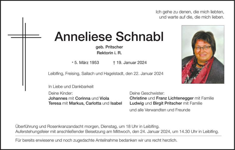 Traueranzeige Anneliese Schnabl
