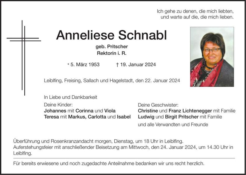Traueranzeige Anneliese Schnabl