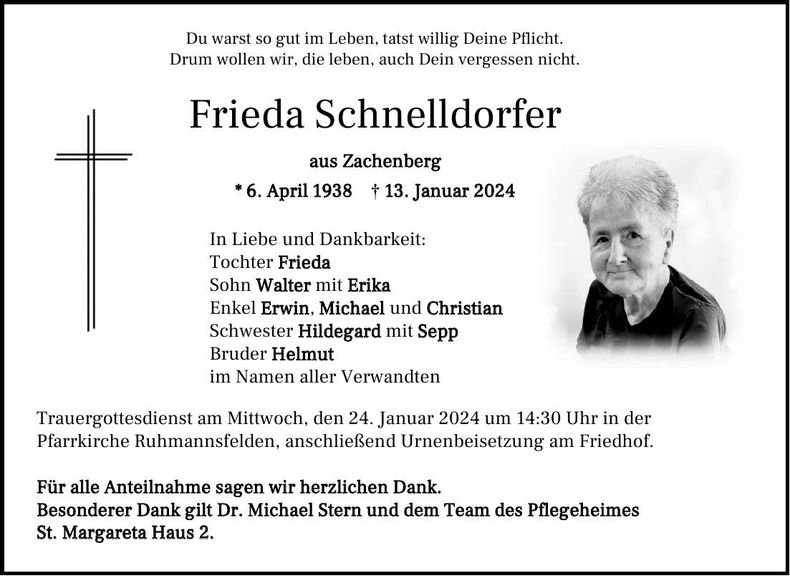 Traueranzeige Frieda Schnelldorfer