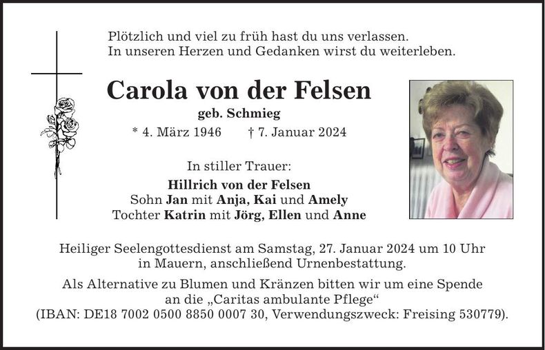 Traueranzeige Carola von der Felsen