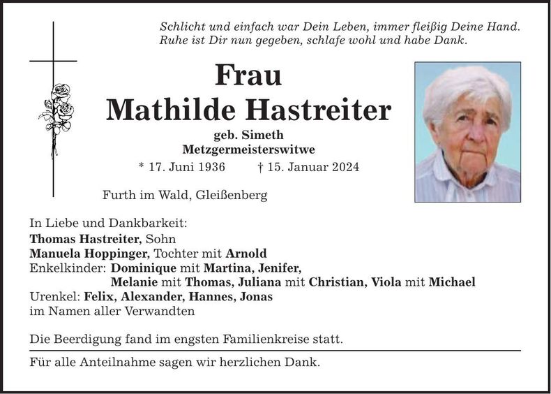 Traueranzeige Mathilde Hastreiter