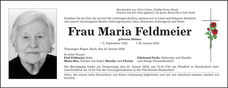 Traueranzeige Maria Feldmeier