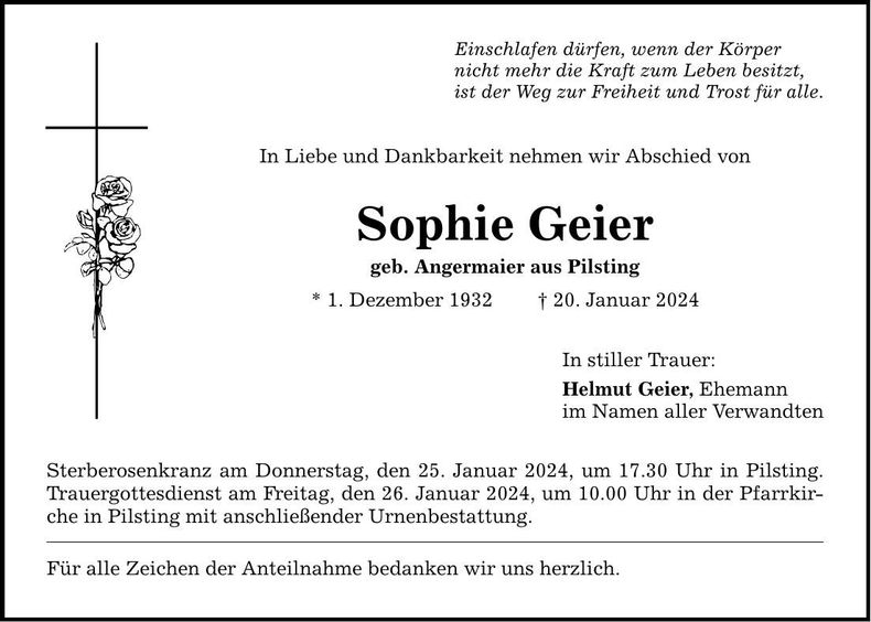 Traueranzeige Sophie Geier