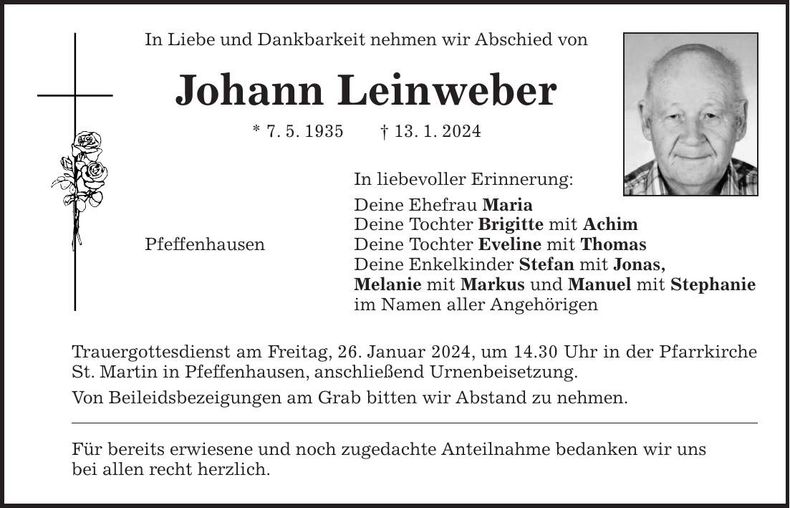 Traueranzeige Johann Leinweber