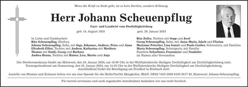 Traueranzeige Johann Scheuenpflug