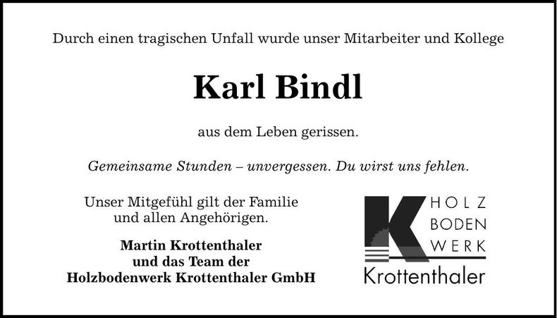 Traueranzeige Karl Bindl