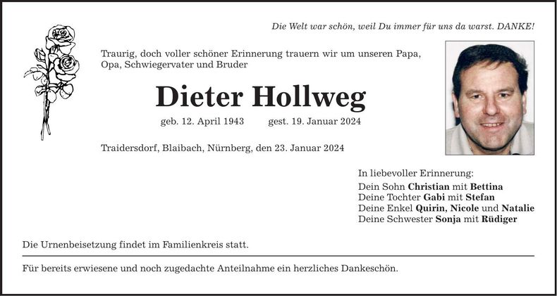 Traueranzeige Dieter Hollweg