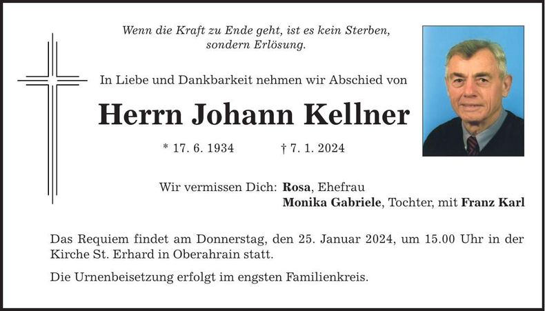 Traueranzeige Johann Kellner