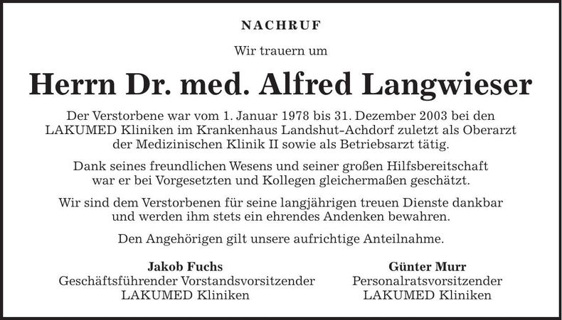Traueranzeige Dr. med. Alfred Langwieser