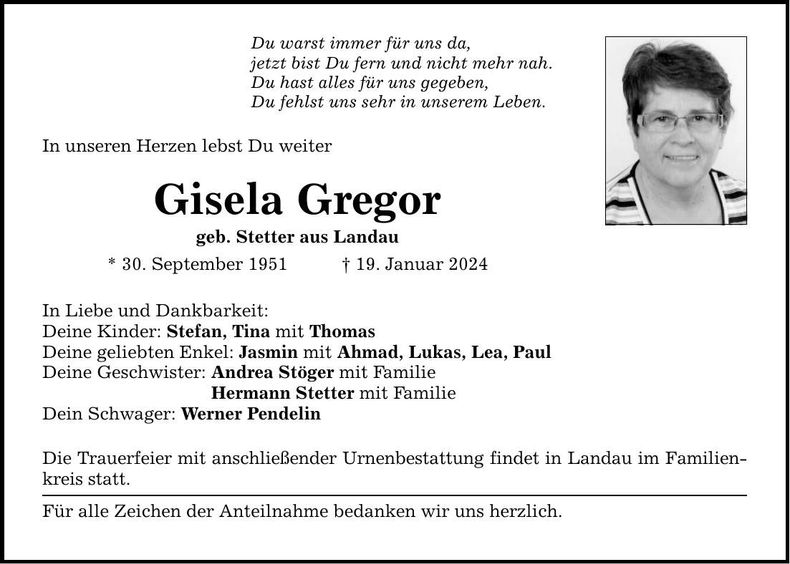 Traueranzeige Gisela Gregor