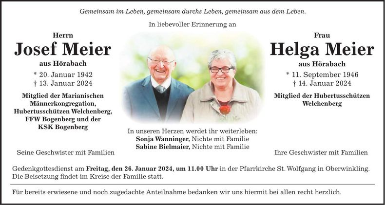 Traueranzeige Josef und Helga Meier