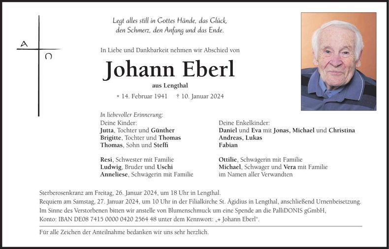 Traueranzeige Johann Eberl
