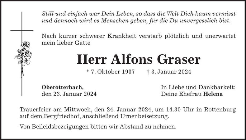 Traueranzeige Alfons Graser