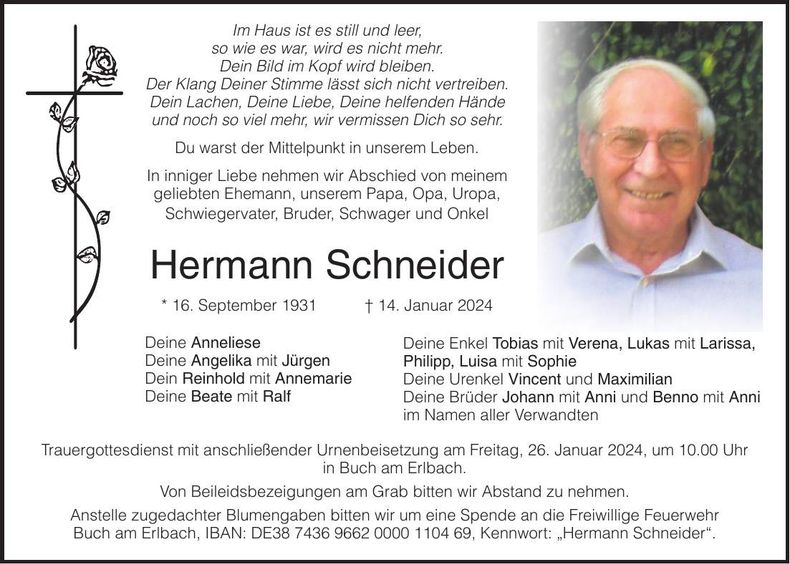 Traueranzeige Hermann Schneider