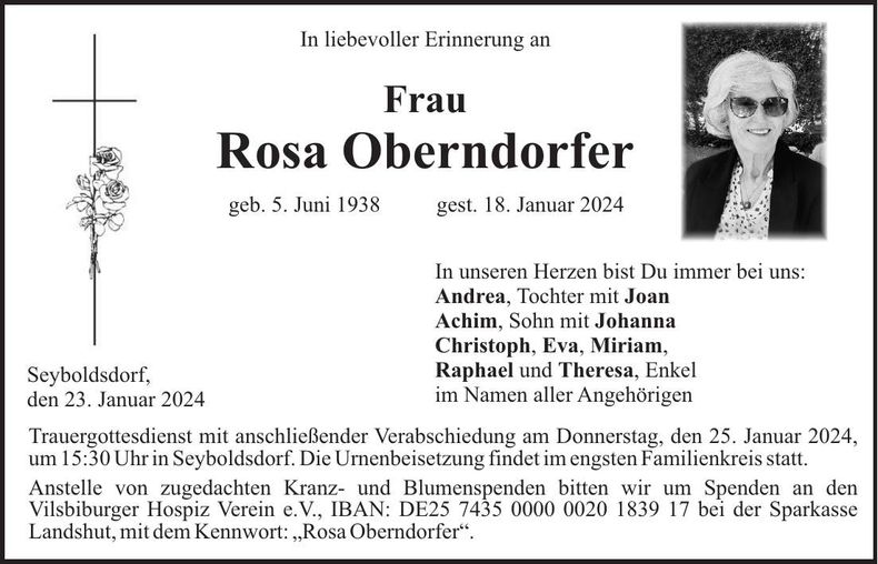 Traueranzeige Rosa Oberndorfer