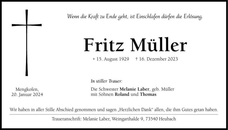 Traueranzeige Fritz Müller