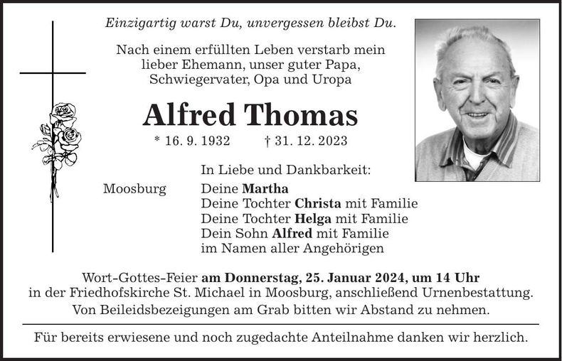 Traueranzeige Alfred Thomas