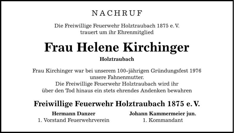 Traueranzeige Helene Kirchinger
