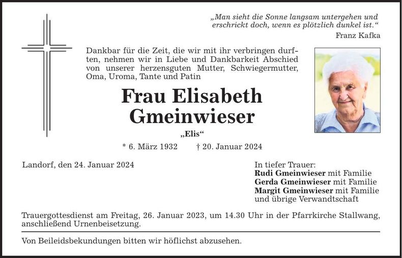 Traueranzeige Elisabeth Gmeinwieser