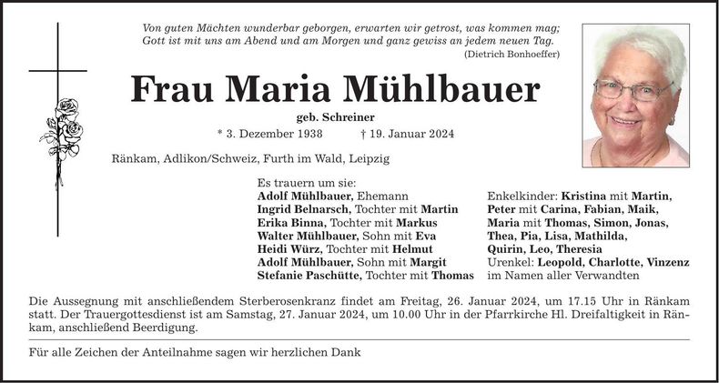 Traueranzeige Maria Mühlbauer