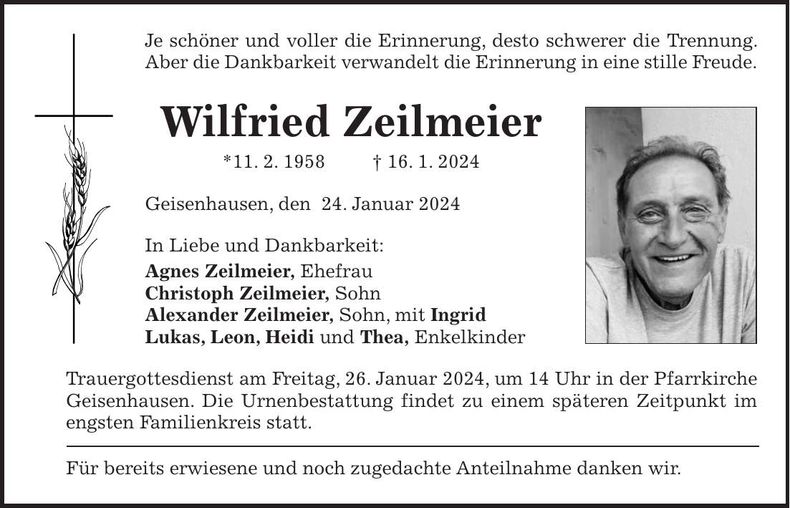 Traueranzeige Wilfried Zeilmeier