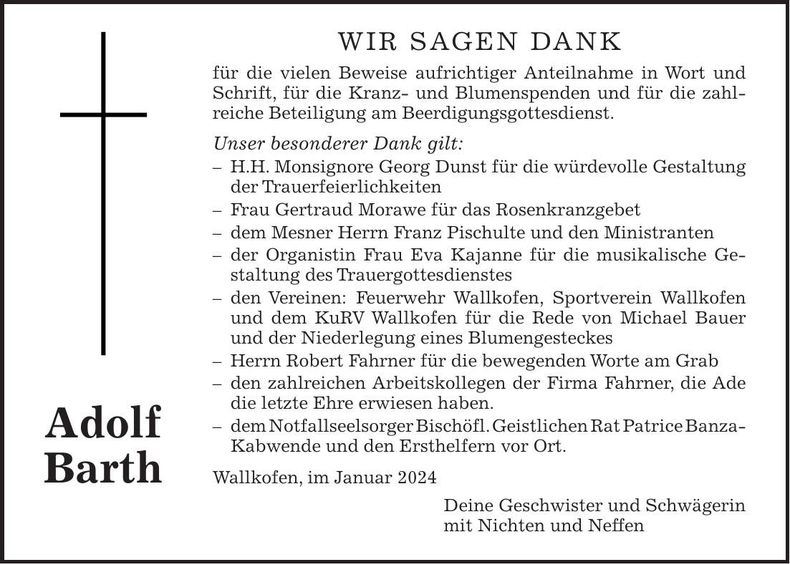 Traueranzeige Adolf Barth
