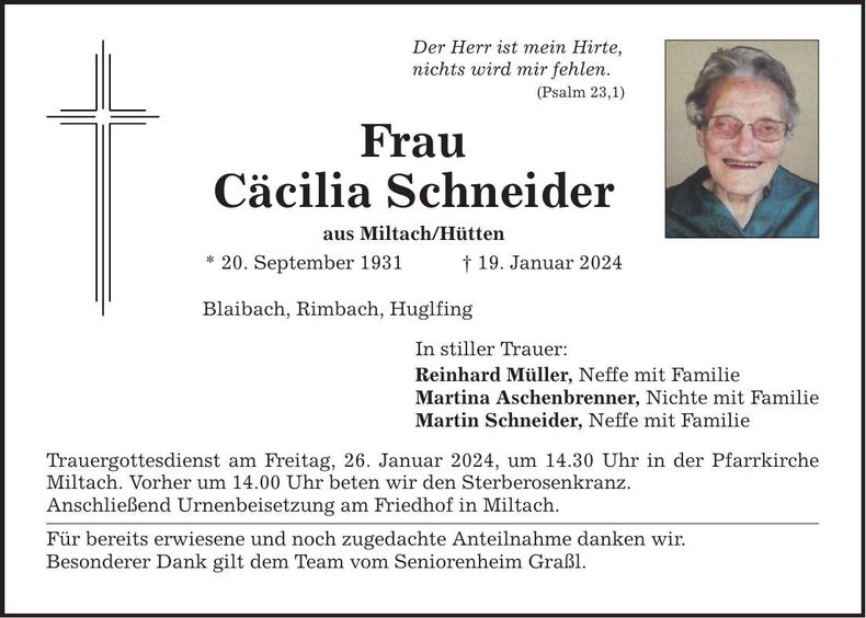 Traueranzeige Cäcilia Schneider