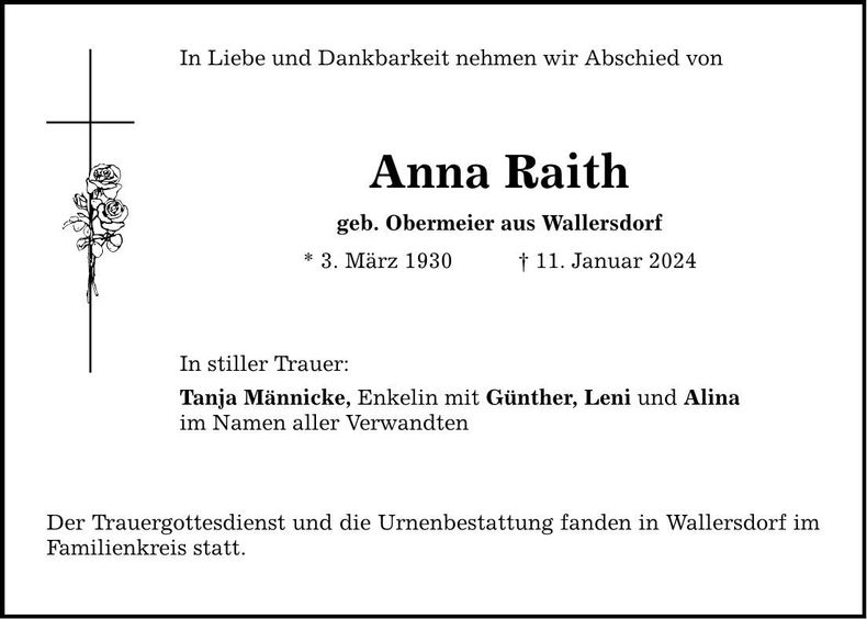 Traueranzeige Anna Raith
