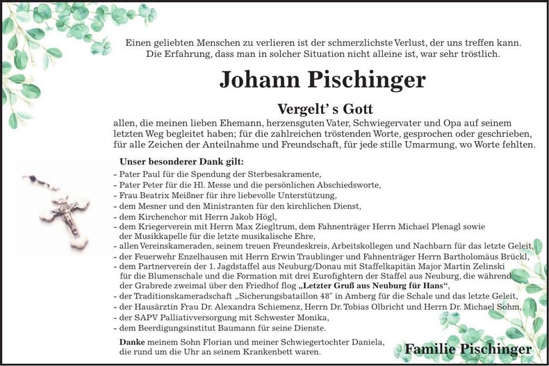 Traueranzeige Johann Pischinger