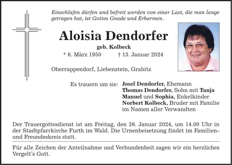 Traueranzeige Aloisia Dendorfer