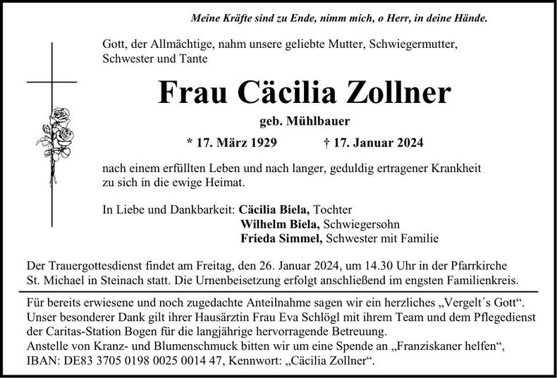 Traueranzeige Cäcilia Zollner
