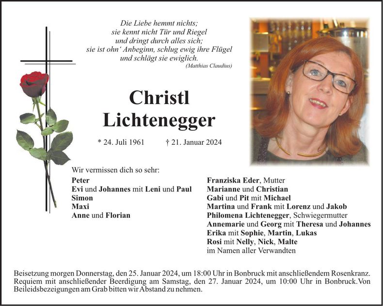 Traueranzeige Christl Lichtenegger
