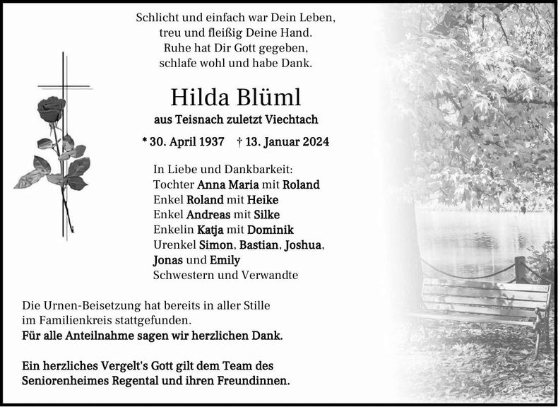 Traueranzeige Hilde Blüml